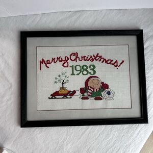 Vintage 1983 Ziggy Cross Stitch Framed Merry Christmas Paragon Needlecraft